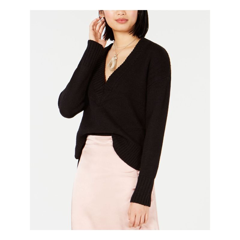 Bar Iii Womens Black Ribbed Long Sleeve V Neck Sweater M